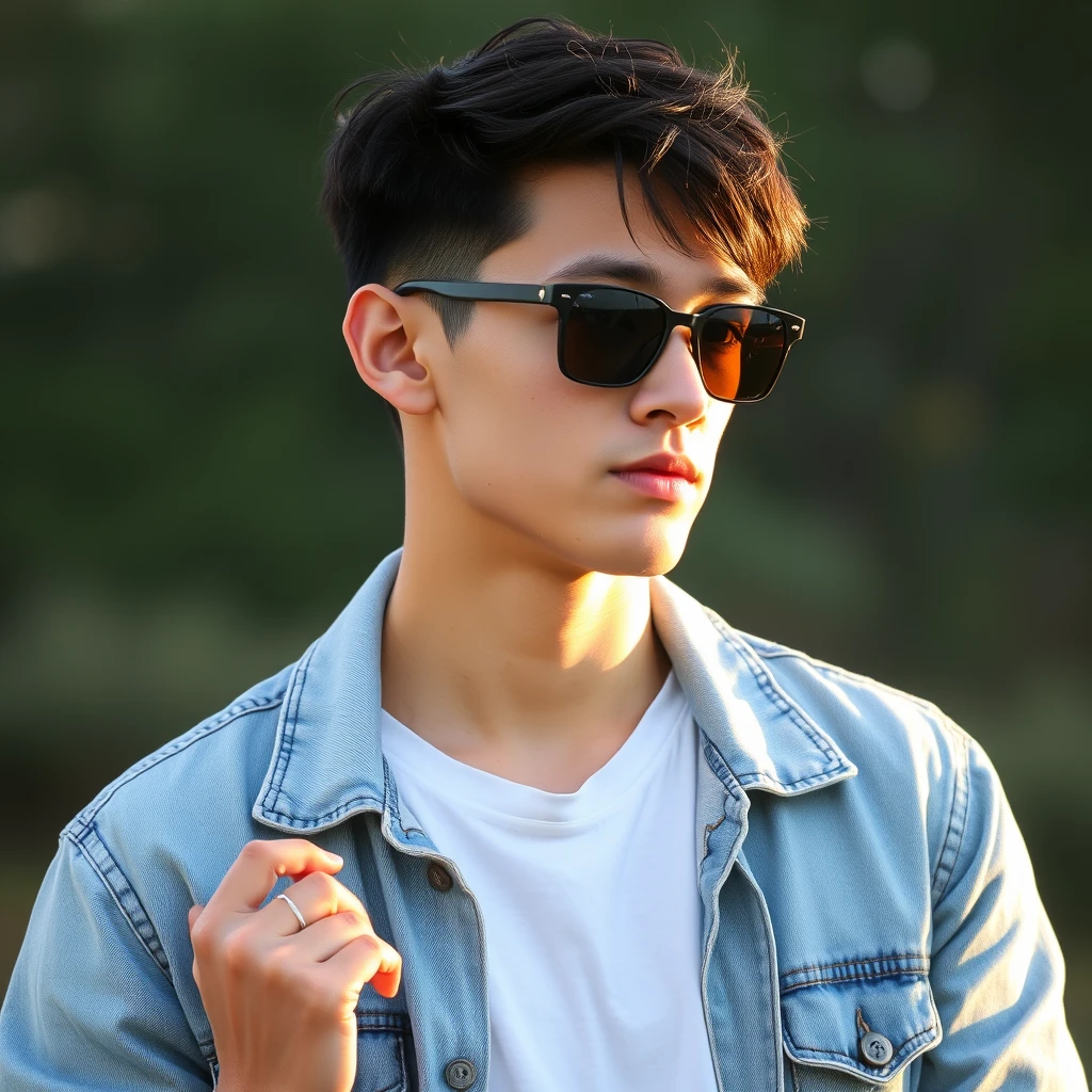 He has short black hair that is slightly disheveled. His features are clean-cut and straight, his eyes are long and slender, and although he wears sunglasses, you can see that he has thick eyebrows. He has a straight nose, slightly curved nose, slightly thicker lips, and healthy red cheeks due to sunlight.

He wore a light blue washed denim jacket with an open collar, revealing a white T-shirt underneath. The cuffs of the jean jacket were rolled up, and a slender wrist was visible at the cuff. His fingers are long and strong, and he wears a silver ring on his hand.

Overall, he was slender, slightly broad-shouldered, and well-built from the side. He seemed to be concentrating on some scene in the distance, and his face was a bit heavy and melancholic. Under the setting sun, he looked young and melancholic, giving people a kind of hazy, mesmerizing beauty. - Image