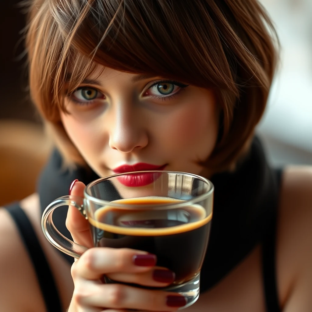 Beautiful woman holding a cup of coffee, glass cup, short hair, delicate facial features, red lips - Image