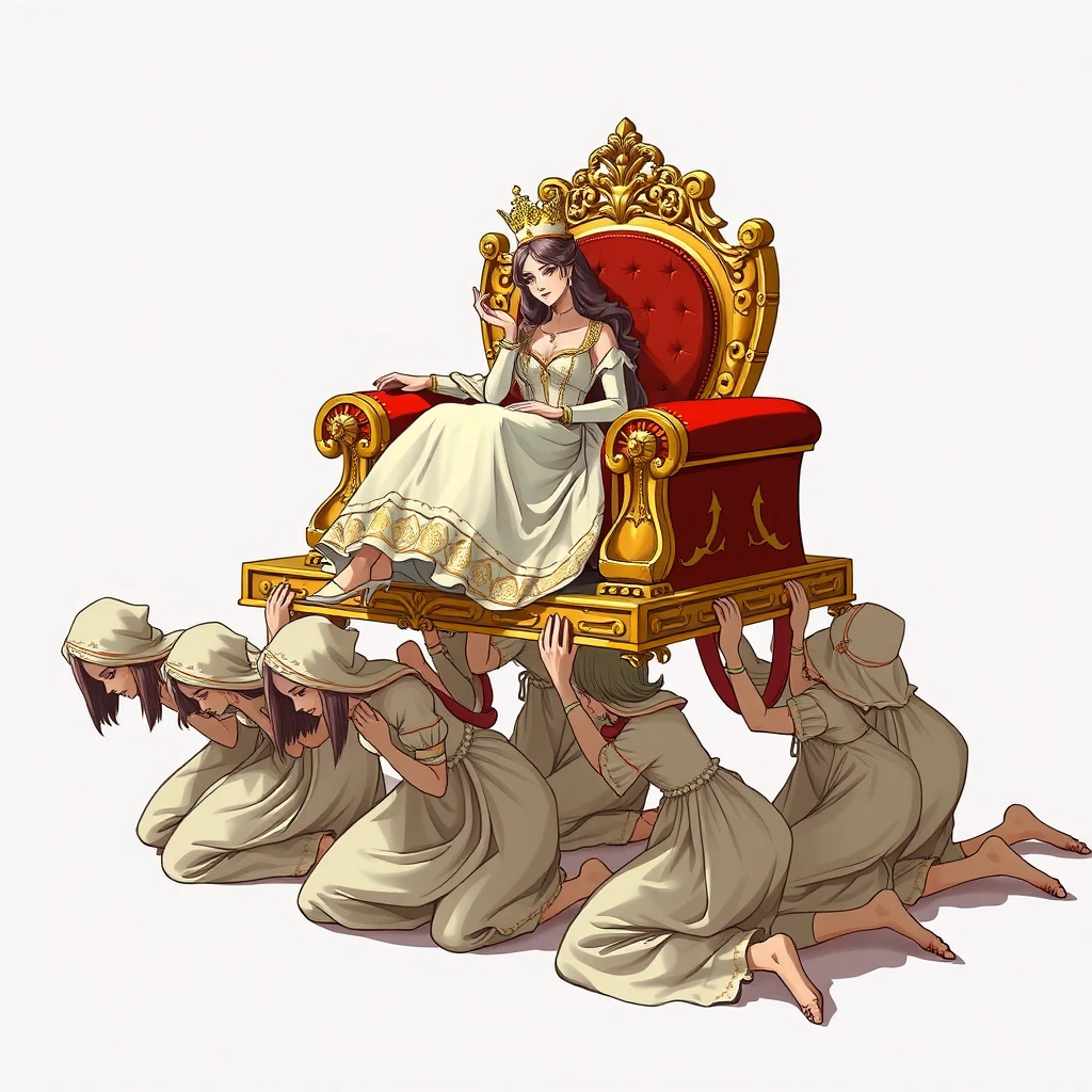 A group of female servants crawls on their knees, carrying a luxurious throne, with the queen sitting on top resting.