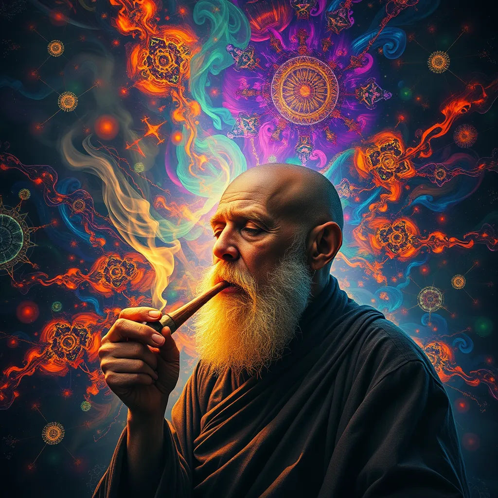 Dark monk smoking DMT from a pipe and breaking through to another dimension full of multicolored fractals.