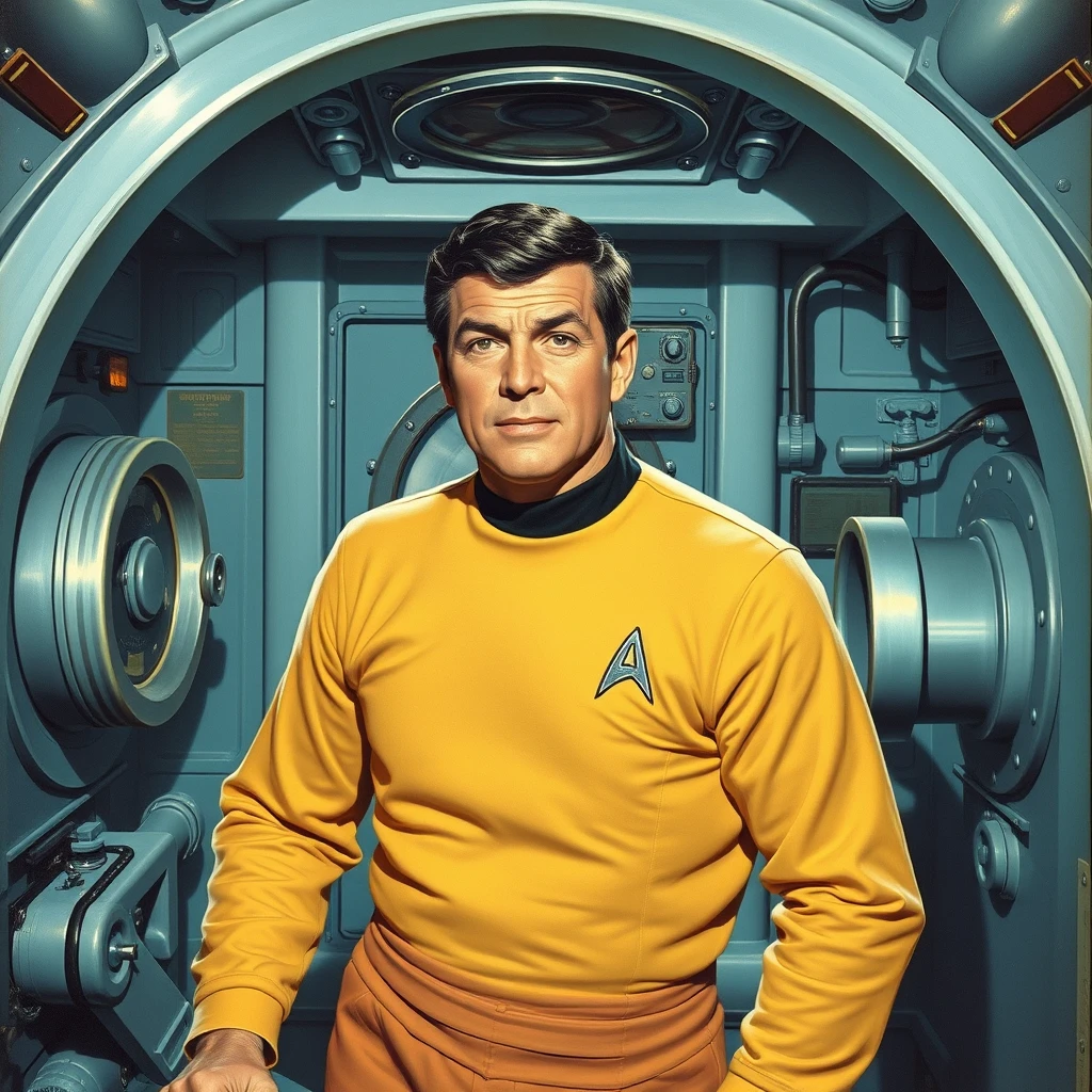 Montgomery Scott in the engineering section of the USS Enterprise, as painted by Arthur Sarnoff 1965.