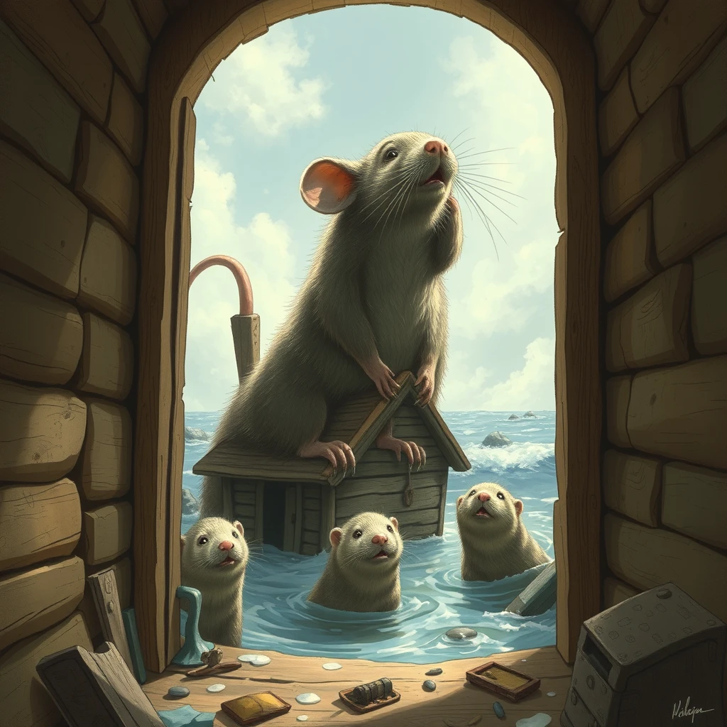 Realistic style: A giant mouse topples a house, startling the sea otters within. - Image