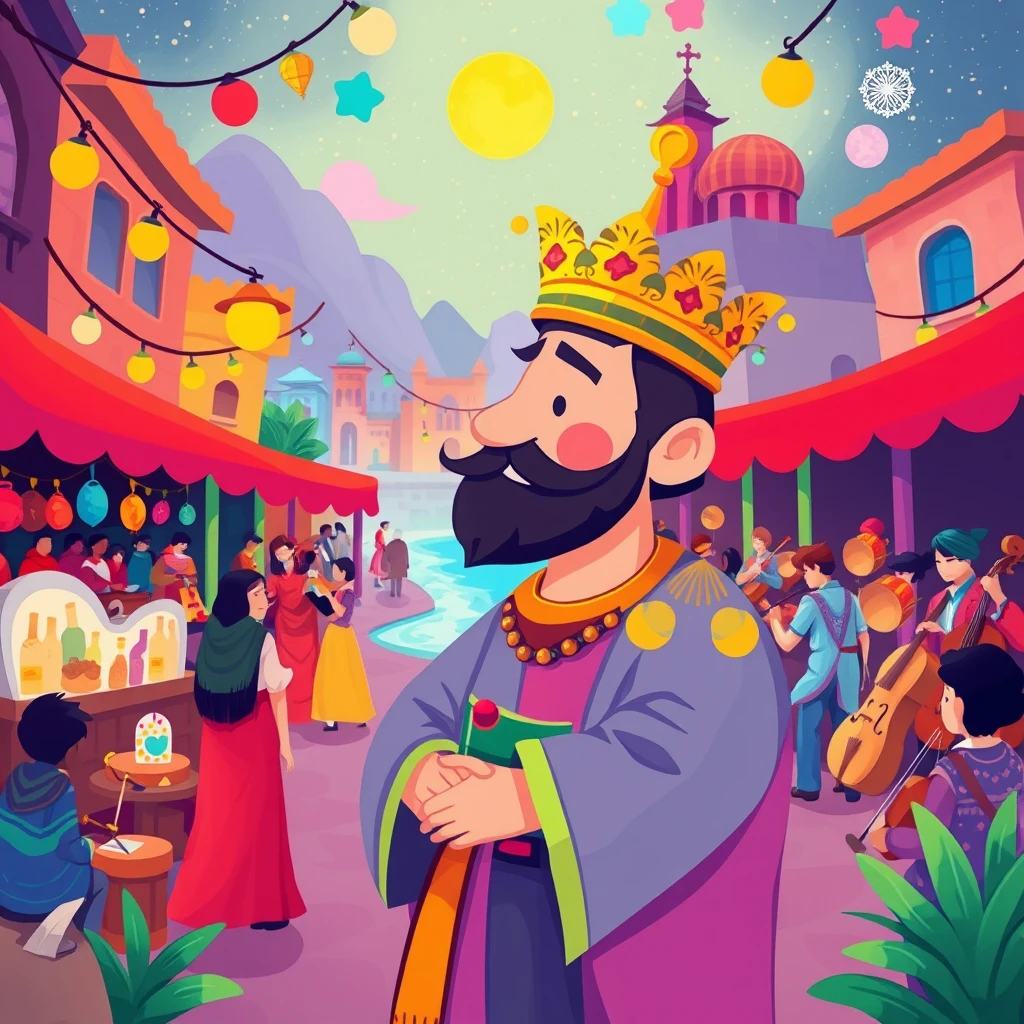   “Create a vibrant and playful illustration featuring a lively ancient marketplace with a whimsical, child-friendly style. 
  Use bold, bright colors and soft, rounded shapes to evoke a sense of wonder and excitement. 
  The atmosphere should be colorful and engaging, with abstract representations of stalls and buildings. 
  For another scene, illustrate a calm riverside with gentle, flowing lines and soft, soothing colors.
  Add a touch of fantasy with imaginative elements to make the environment inviting for children. 
  Consider a festive scene with bright, cheerful decorations and a fun, animated vibe. 
  Ensure the illustrations are highly detailed, with a high level of artistry, and are appealing and engaging for a young audience.”

a unique king who prefers solo performances, unlike his dad, with a grand symphony orchestra in the background, colorful lights and vibrant colors, ((masterpiece))