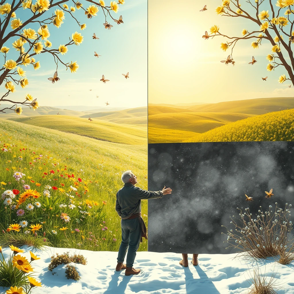 Background and Separation:
A huge transparent glass divides the scene into two parts, with the upper part occupying two-thirds and the lower part one-third.

Upper Part (The World of Light):
Colors: Dominated by green, yellow, and gold, creating a vibrant spring atmosphere.
Elements: Lush meadows filled with clusters of flowers, colorful butterflies and buzzing bees. In the distance, rolling hills and a light blue sky, with a few white clouds leisurely floating by. Golden sunlight bathes the earth.

Lower Part (The World of Darkness):
Colors: Primarily gray and white, evoking a cold, dreary winter atmosphere.
Elements: A depiction of a snow-covered wasteland, with snowflakes dancing in the air and thick snow blanketing the ground. A frail middle-aged man stands in the snow facing the transparent glass. His clothing is thin, his figure slight, and he pounds on the glass with his arms. He gazes at the sunlight on the other side, revealing his yearning for light and his despair.

Details and Atmosphere:
Contrast of Light and Shadow: Enhancing the contrast between the two worlds to make the scene more vivid and powerful.
Atmosphere Creation: Through the combined use of color, light, shadow, and elements, creating a stunning visual effect that allows the audience to feel the human pursuit of beauty and the helplessness and melancholy faced in adversity.