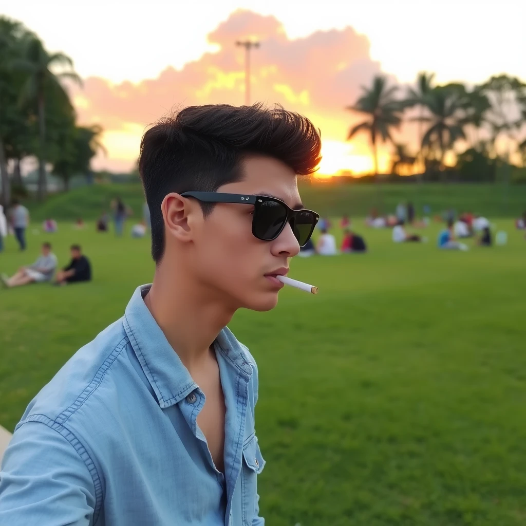 A young man, wearing a light blue denim shirt, stood by a large lawn. He wore a pair of black-framed sunglasses and had a slender build, about 1.70 meters tall and weighing 80 kilograms. He was leaning sideways with a cigarette in one hand, as if he was deep in thought about something. In the background is a sunset like a burning cloud, and many people can be seen sitting in twos and threes on the lawn. The whole atmosphere of the picture is very relaxing and leisurely. - Image