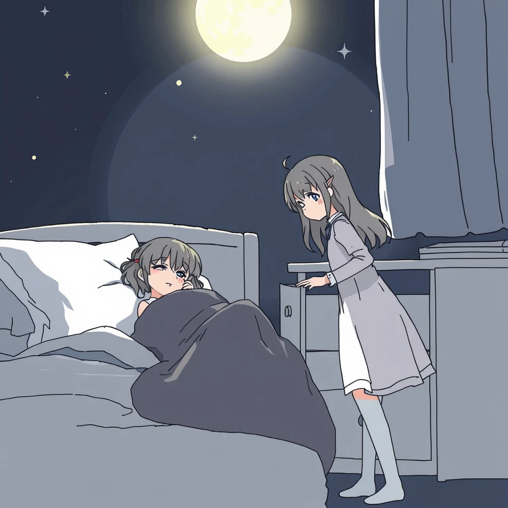 A woman sleeps on the bed while her daughter, standing nearby, is opening a drawer. It's a dark night, illuminated by moonlight, creating a certain atmosphere, reminiscent of anime, with an outline style. - Image