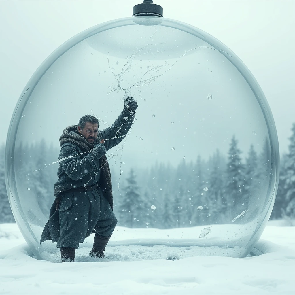 **Theme and Atmosphere**:  
"Helpless Realm: A weary-looking man dressed in thin clothing stands within a giant transparent glass dome, vigorously pounding against the glass, but to no avail. Snow blankets both inside and outside, creating a desolate and profound world."

**Setting**:  
- "The background features snowflakes swirling through the air and the hazy outline of a forest, dominated by pale blue and gray tones, evoking a cold and bleak atmosphere."  
- "In the distance, a vague outline of the forest can be seen amidst the snowy woodlands, adding a sense of depth to the scene."

**Glass Dome and Snow Scene**:  
- "The glass dome presents a transparent quality, filled with pure white snowflakes inside, rich in details and clear layers, resonating with the snowflakes outside."  
- "The edges of the dome may be slightly blurred to enhance the transparency of the glass and the depth of the space."

**Character Description**:  
- "The man is dressed in thin clothing, with a haggard appearance and deep-set eyes, pounding on the glass dome while gazing at the hazy sun in the distance. It should express the man's struggle and resistance, yet convey a sense of helplessness."

**Emotion and Meaning**:  
- "The entire scene aims to convey a sense of helpless yet profound beauty, allowing viewers to feel the harmony between the man’s inner world and the outer environment."  
- "Through the metaphor of the glass dome, it explores the barriers and connections between the individual and the external world, as well as the insignificance of a person in the face of life."

**Details and Decoration**:  
- "Pay attention to the handling of light and shadow effects, utilizing the light reflected by the snowflakes to enhance the brightness and depth of the scene."  
- "Without compromising the overall atmosphere, small decorative elements can be added, such as falling snowflakes and vegetation in the cold wind."

**Style and Technique**:  
- "Please employ delicate and emotionally rich brushstrokes, focusing on the harmonious combination of color and light."  
- "In terms of composition, ensure a balance and contrast to guarantee that the scene is both stable and dynamic. In a two-dimensional style." - Image