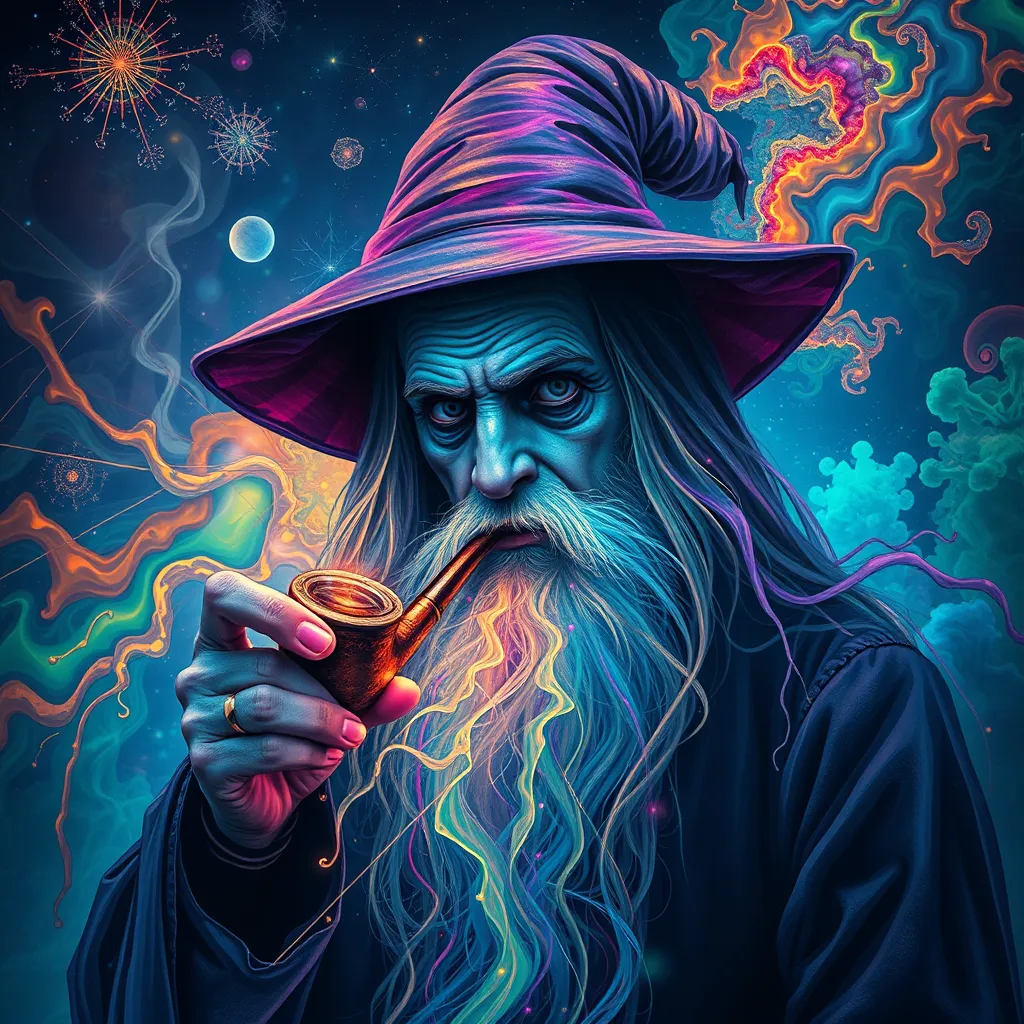 dark wizard smoking DMT from a pipe and breaking through to another dimension full of multicolored fractals