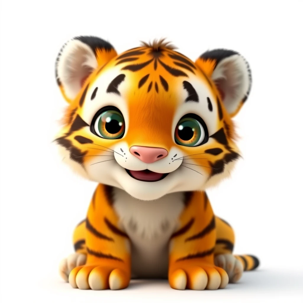 Realistic 3d render of a happy, furry and cute baby tiger smiling with big eyes looking straight at you, Pixar style, 32k, full body shot with a full white background