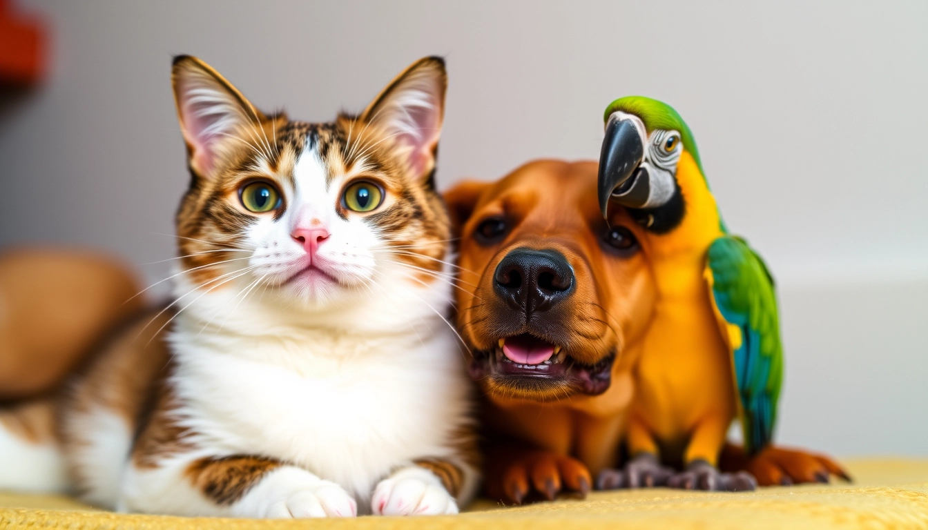 Cat with rabbit with dog with parrot - Image