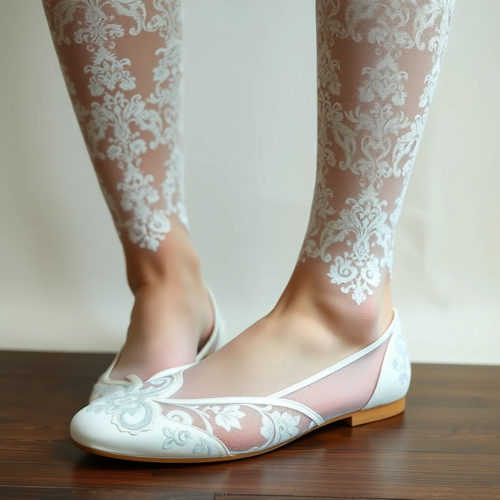 white flat pumps embroidered with detailed light blue pattern made from see-through fabric, white laced thigh highs, ancient Chinese