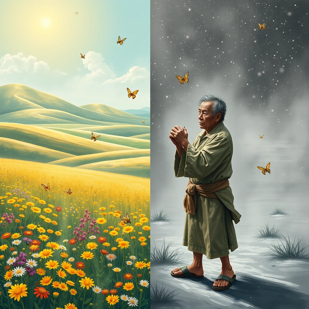 Background and Separation:
The canvas size is 1028*720, divided into two parts, left and right.
Left Part (Bright World):
Colors: Primarily green, yellow, and gold, creating a vibrant spring atmosphere.
Elements: A lush prairie, surrounded by clusters of flowers, with colorful butterflies and bees fluttering about. In the distance are rolling hills and a light blue sky, with a few white clouds lazily drifting. Golden sunlight hangs in the upper left corner, illuminating the earth.

Right Part (Dark World):
Colors: Primarily gray and white, creating a cold, dim winter atmosphere.
Elements: A scene depicting a snow-covered wasteland, with snowflakes swirling in the air and a biting wind howling, the ground blanketed in thick snow. A frail middle-aged Chinese man stands in the dark world on the right, facing the bright world. His clothes are thin, his expression weary, as he strikes the boundary between the two worlds with his fists. However, there is an invisible barrier preventing him from reaching the bright world. He gazes longingly at the sunlight on the opposite side, revealing his yearning for light and feelings of despair.

Details and Atmosphere:
Light and Shadow Contrast: Enhance the contrast between the light and shadow of the two worlds, making the imagery more vivid and powerful.
Atmosphere Creation: Through the comprehensive use of color, light and shadow, and elements, create a stunning visual effect that allows the audience to feel the human pursuit of beauty and the helplessness and sorrow faced in the face of adversity.