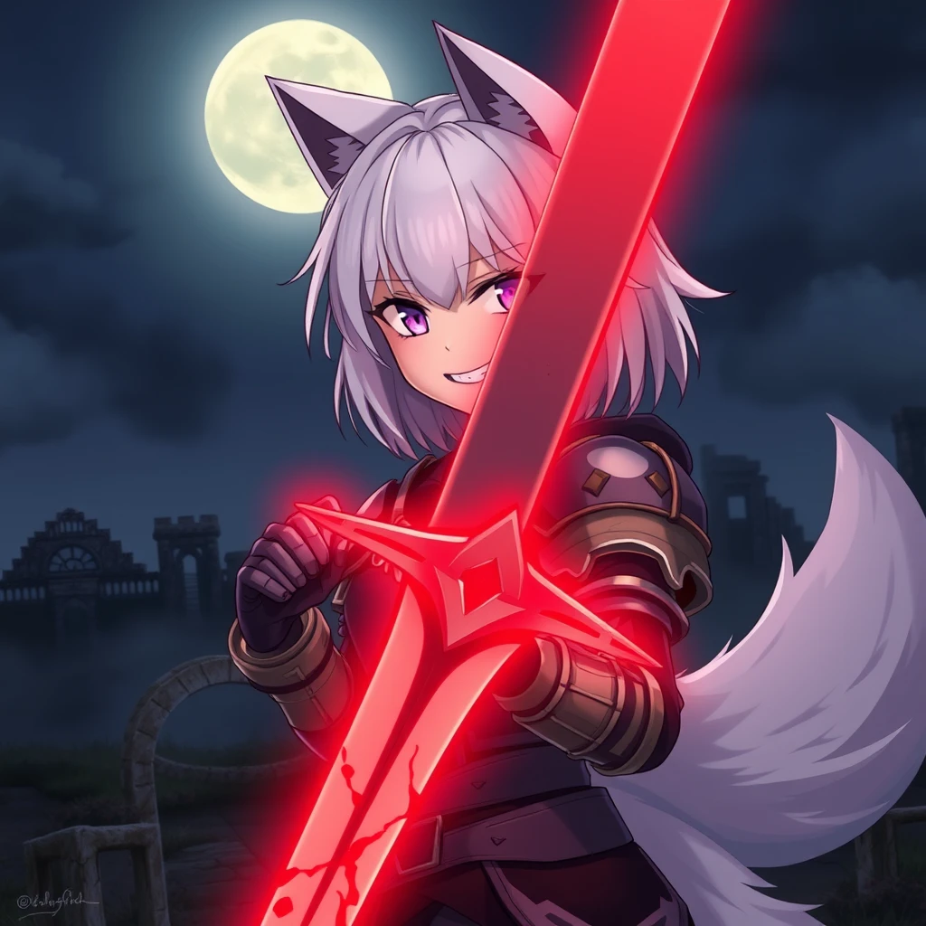 An anime girl with medium white hair, wolf ears, and a tail, featuring purple eyes and an evil grin on her face, is holding a sword that is glowing light red and stained with blood. The girl is wearing armor. In the background, old ruins can be seen, and it is dark and foggy; a full moon is in the sky. - Image