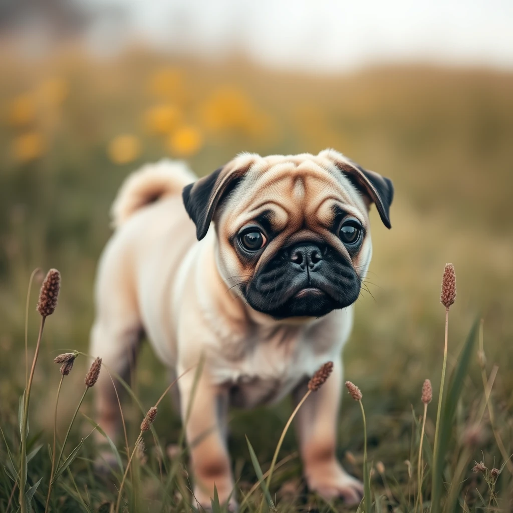 Portrait of a Pug puppy in a field