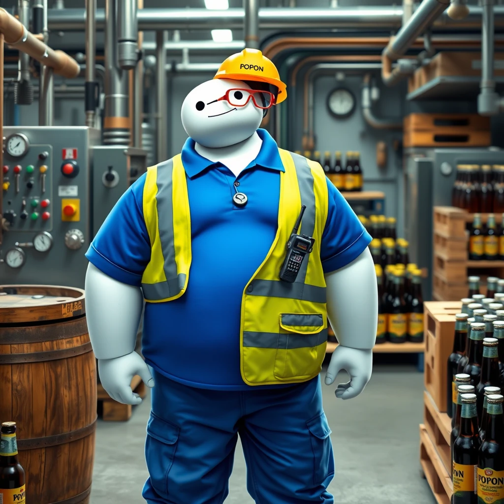 Baymax works in the quality control and inspection area of a bottling plant surrounded by machinery, a barrel, gauges, measuring instruments, pallets, bottles of beer, wearing a blue polo shirt that covers his whole torso, safety gear, a reflective vest, safety footwear, a walkie-talkie, industrial safety goggles, blue cargo pants, and a yellow helmet with the word POPON written on it. The clothing has POPON written on it.