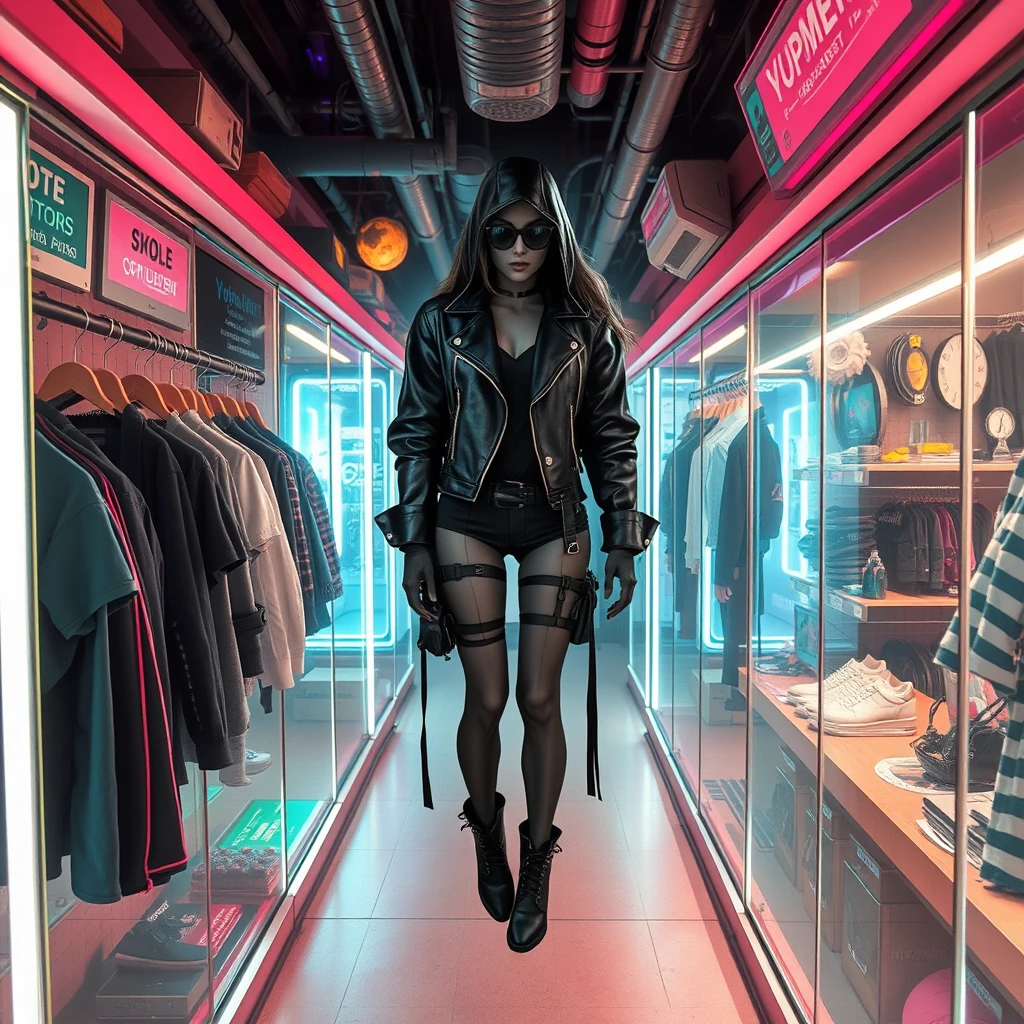 Women's wear shop, aerial view, cyberpunk style.