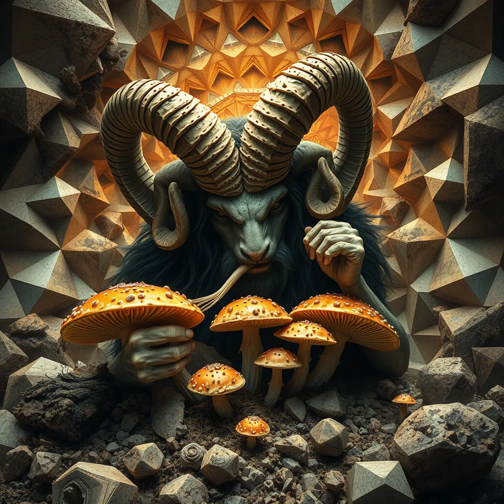 Satyr eating mushrooms and breaking through to another dimension full of geometric fractal patterns, HD photography. - Image