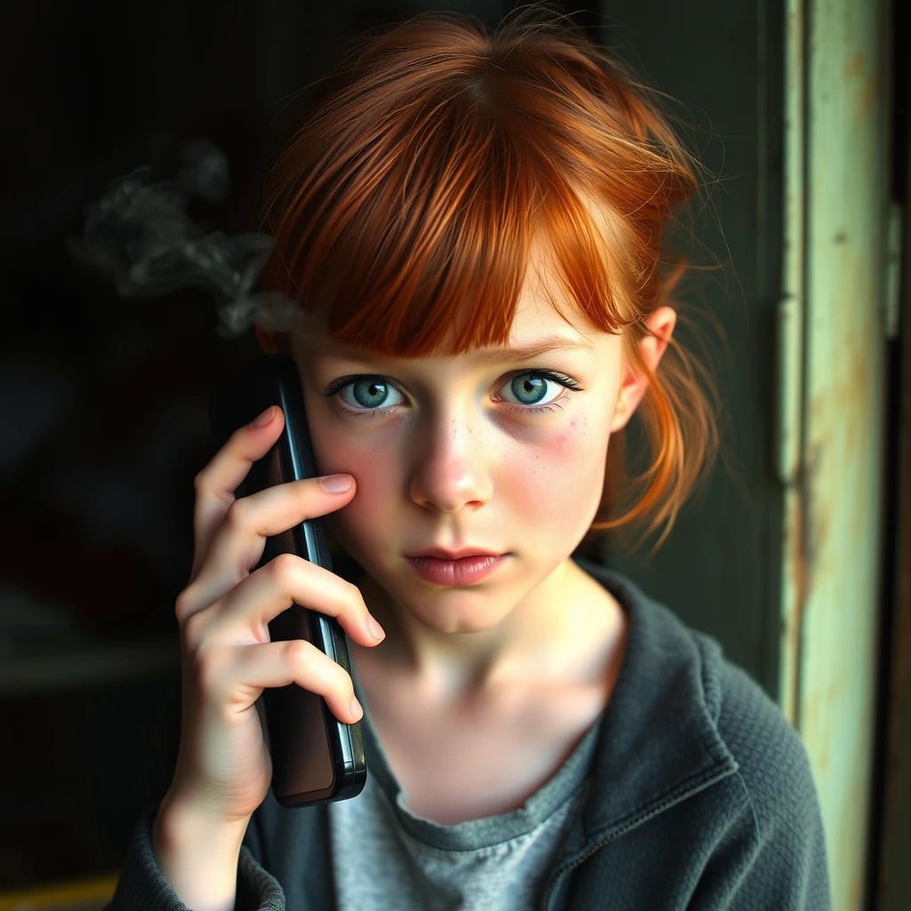 annoying redhead young girl, green eyes, short, eating disorder, eye bags, holding phone close to face, bloodshot eyes, smoking, poverty setting