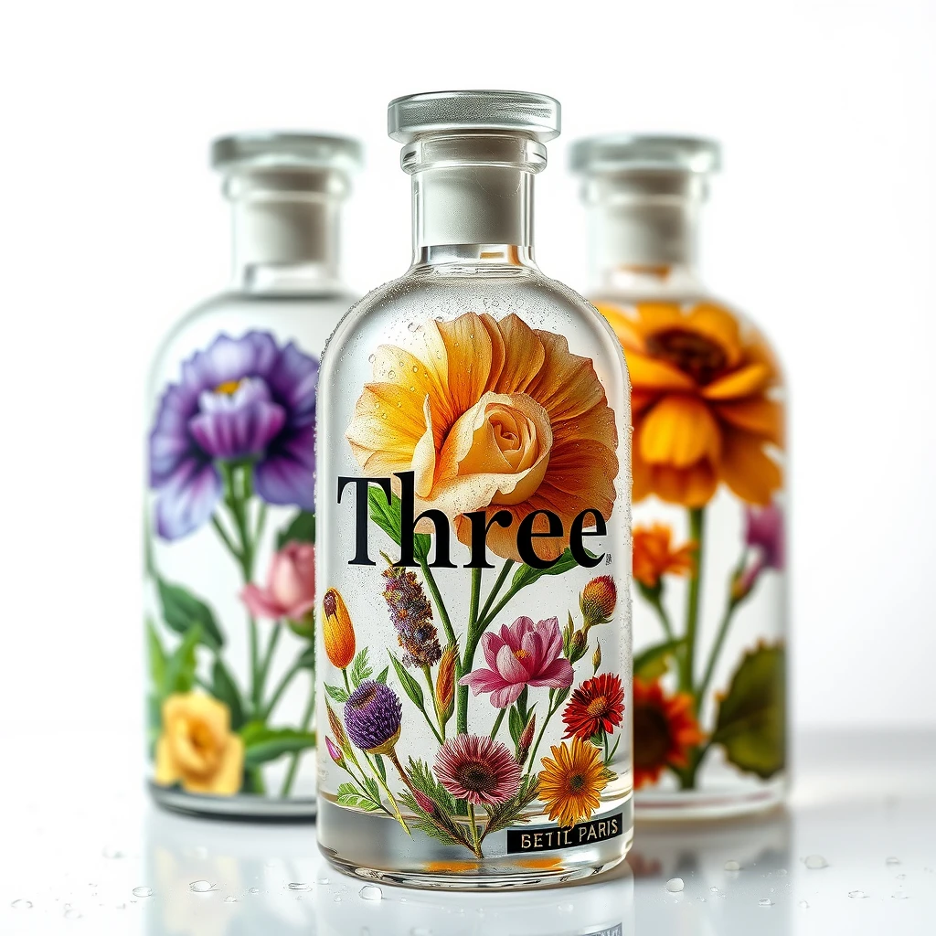 Realistic photography, limited edition glass cosmetic bottles from Paris, the glass bottle features the word "Three" and representative floral and herbal images, set against a white background, with dew on the bottle body, showcasing epic visual effects and exquisite printing technology, intricate details, and rich detail.