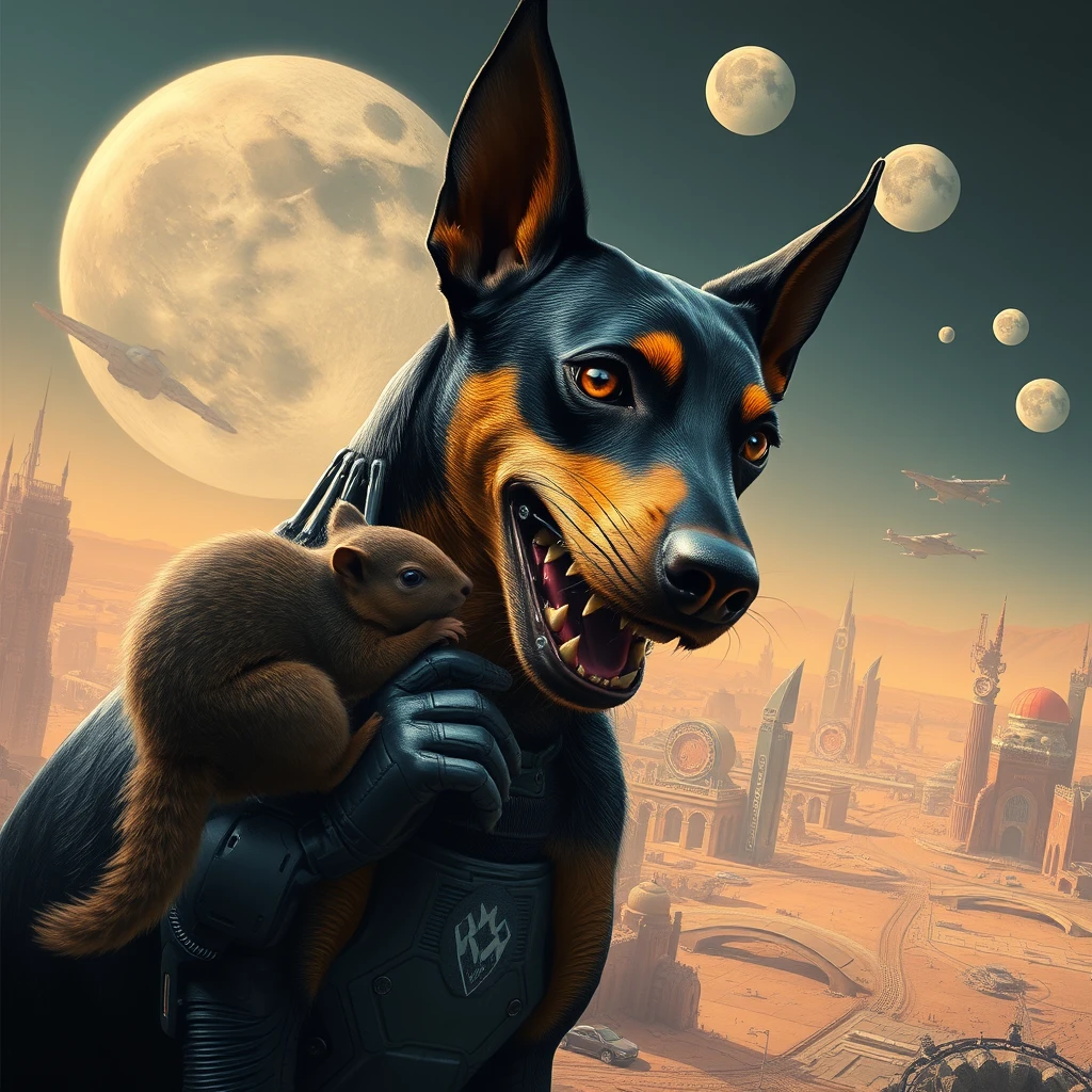 A cyborg German pinscher in a dystopian sci-fi setting. Eating a squirrel. Mega city, flying cars, multiple moons, photo realistic. - Image