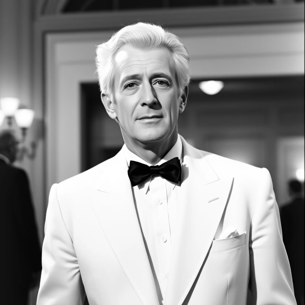 A publicity still of Paul Newman in black and white, wearing a white tuxedo.