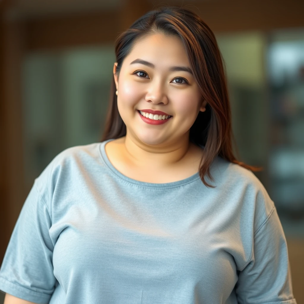 A beautiful Korean woman, slightly chubby, wearing a grey shirt. - Image