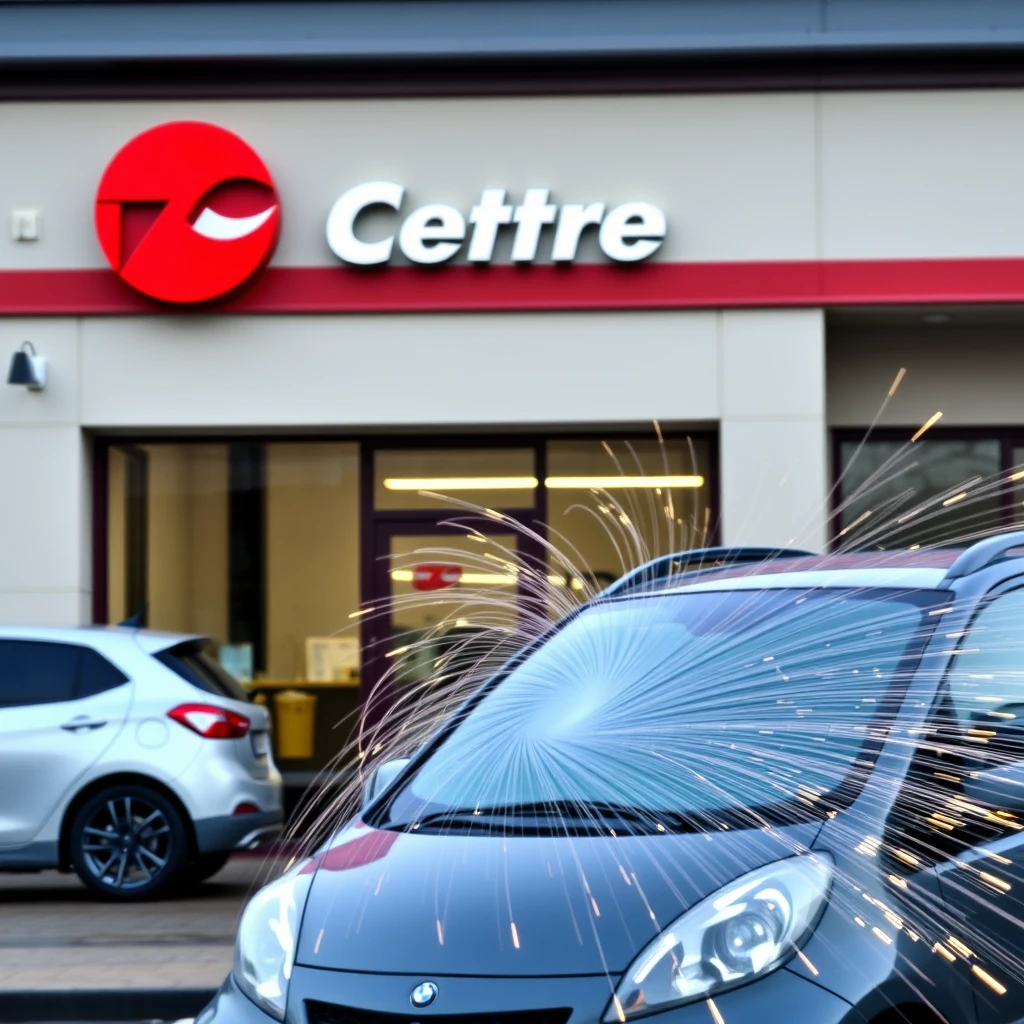 A company with a red logo and a small car in front getting whipped.