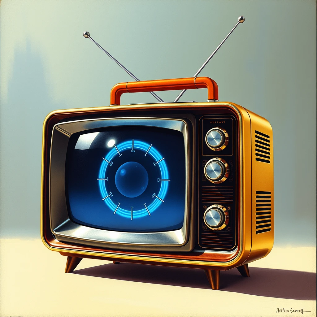 a Montgomery Ward brand, portable HD-TV concept, featuring a backlit blue-glass tuning dial, as painted by Arthur Sarnoff.