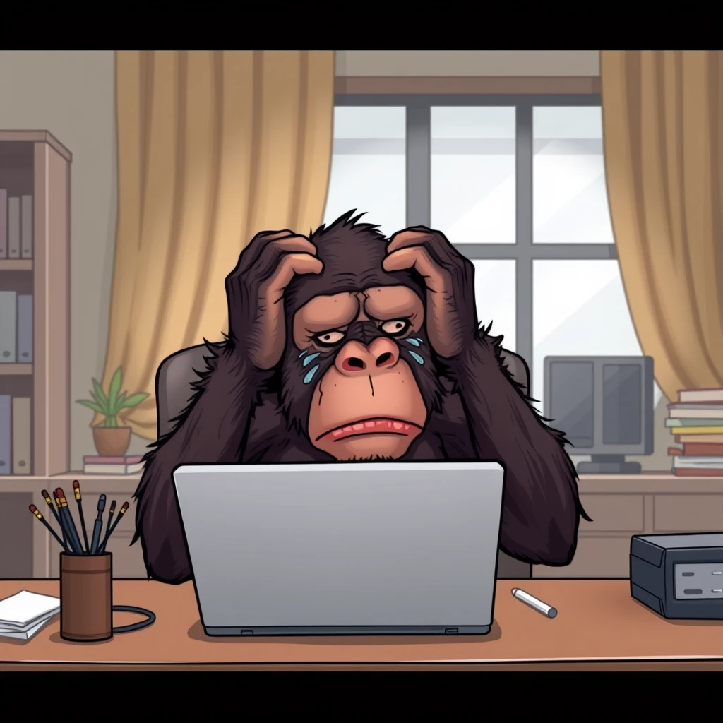 Chimpanzee sitting at a desk in a home office with a laptop computer in front of him. The ape is despondent, crying in rage and despair with his hands held to his head. Stylized detailed cartoon image with exaggerated expressions.