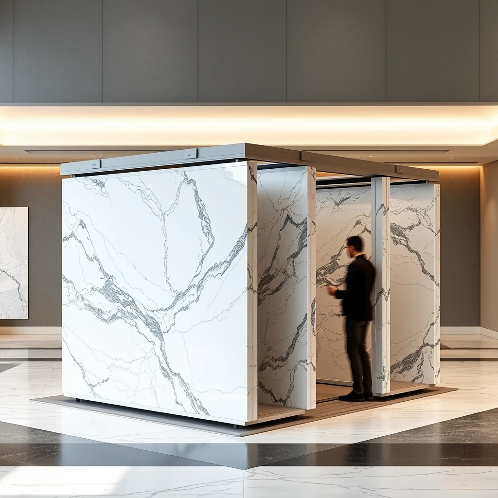 Smart, stylish automated display system that can hold large 4 meter sized, polished marble panels such that the marble panels can be carried on AGVs, plus oriented vertically or horizontally, in self-folding book match format, for best viewing experience.