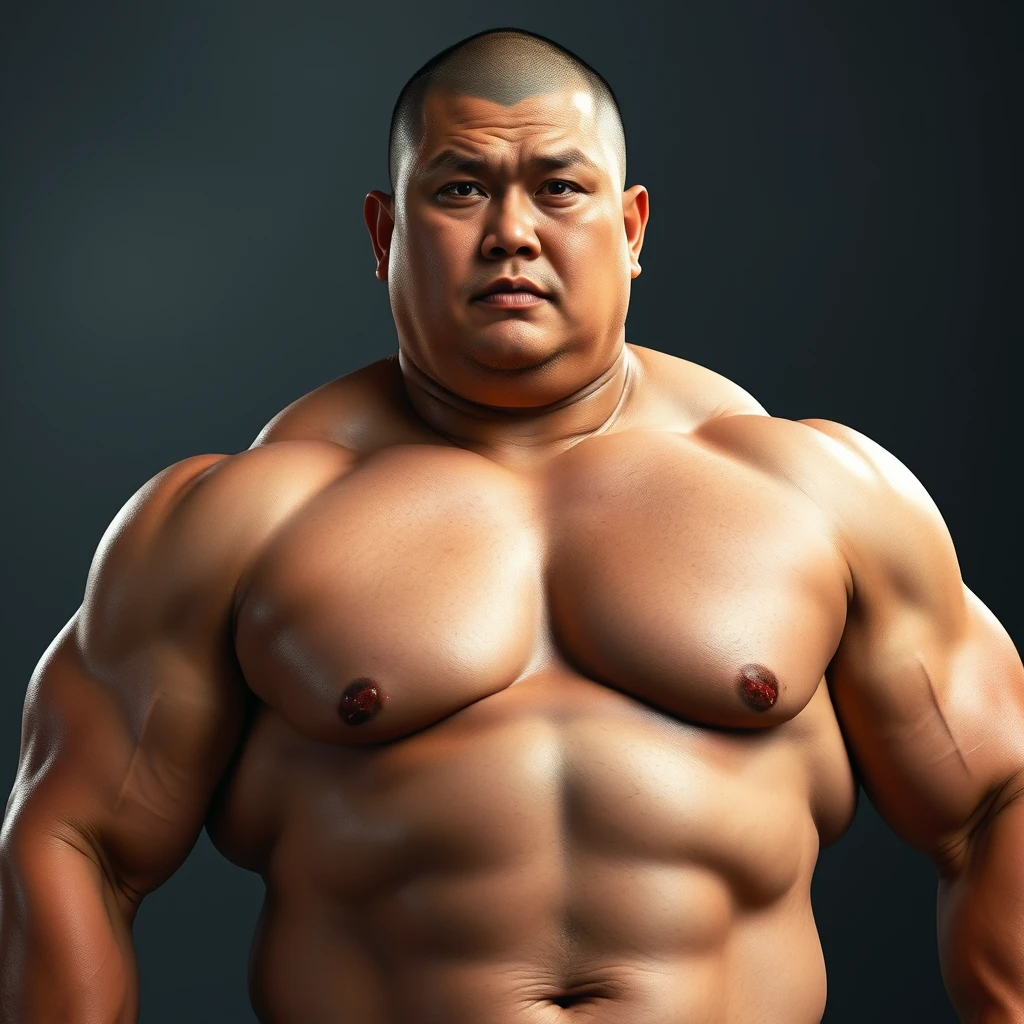 "a full body portrait of a muscular beefy Asian male, he is wearing a thin layer of gauze, high body fat, buzz cut, 4k, detail, hd, realistic, masterpiece,"