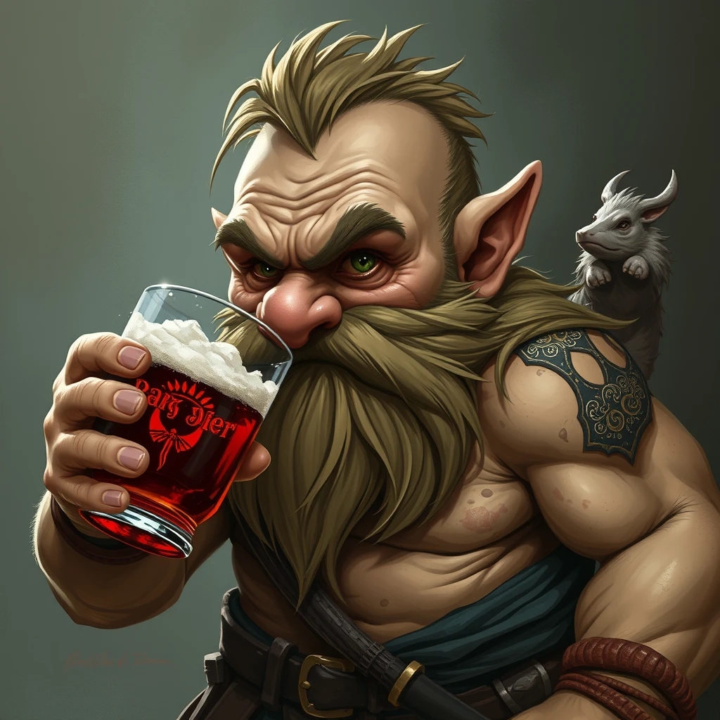 A muscular dwarf drinking ale with rabies.