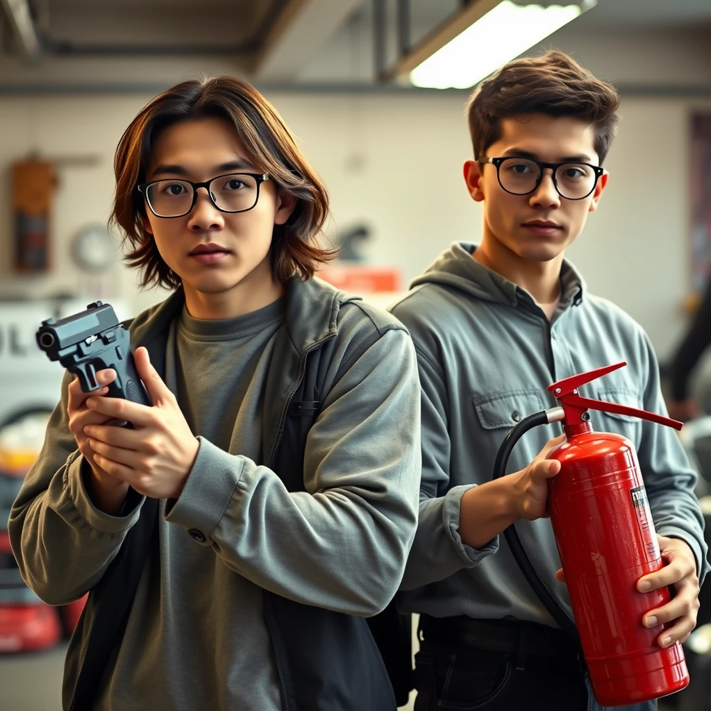 Masculine 21-year-old white Chinese man with square glasses and long hair holding a pistol; 20-year-old white Italian man with round prescription glasses and short hair holding a large fire extinguisher in a garage setting. - Image