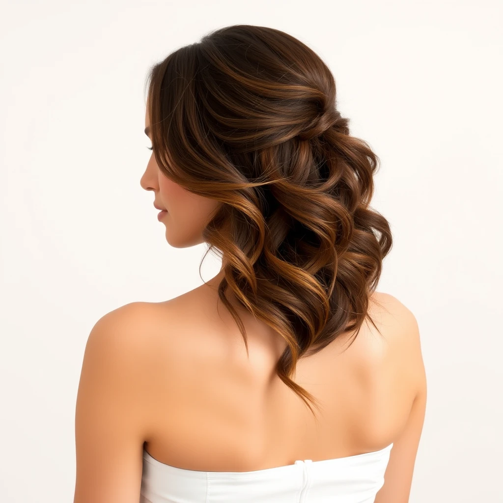 The image features a woman with her hair styled in loose waves, wearing a strapless white dress against a neutral background.