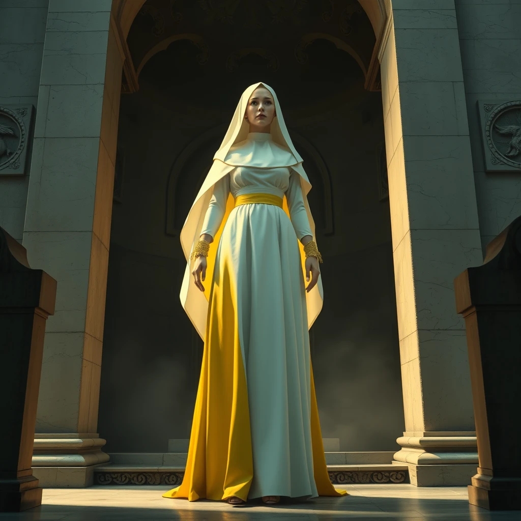 A female figure stood there in a mausoleum, tall in a white and yellow nun-like dress, with a commanding presence and a dark air behind her.