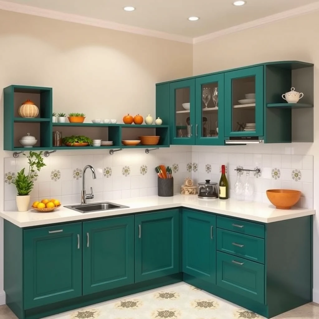 Minimalist and cheerful L-shaped kitchen platform with sink in the corner, featuring space-saving storage ideas in an ethnic Indian style and color palette.