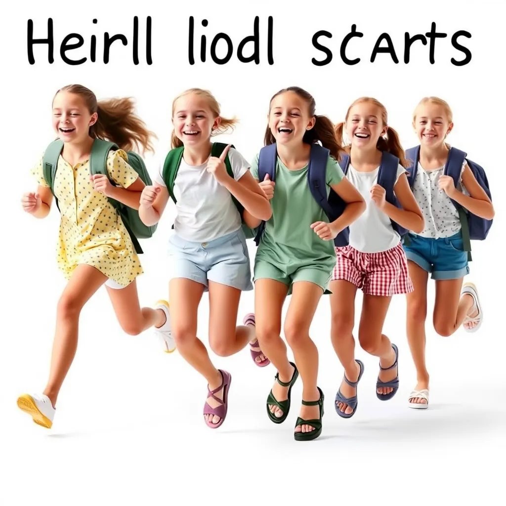 Create a photo of a group of 15-year-old girls wearing summer clothes and sandals. They are joyfully running toward the camera because the holidays are starting. They are wearing school backpacks and cheering. The background is white. The children are fully visible. - Image