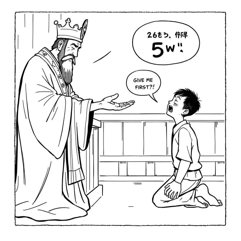 Asian comic, line art, a man kneels before the judge and is crying. The judge held out his hand and said very sneeringly: "Give me 5w first."