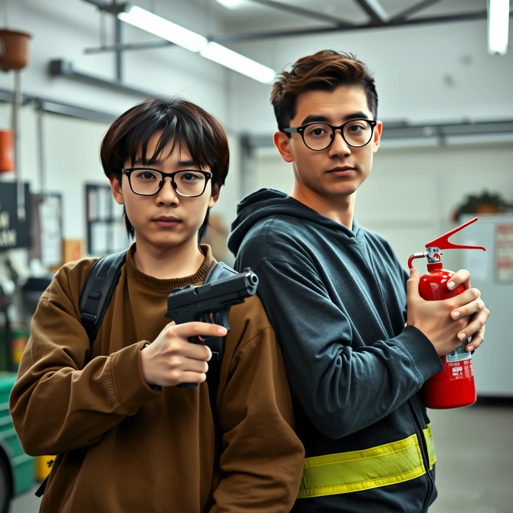 ("white Chinese man 21 years old with square glasses medium-to-long length hair holding pistol") and ("20-year-old young white Italian man with round prescription glasses and short hair holding fire extinguisher"), garage setting. - Image