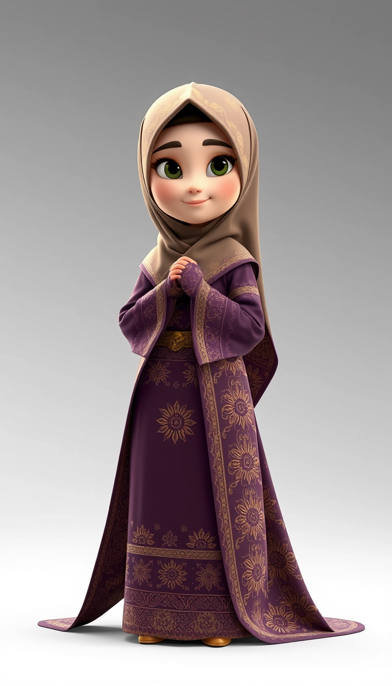 A 3D, 8k animated cartoon depiction of a Muslim woman from Palembang, wearing a traditional long songket and a long gown (gamis). She is adorned with a hijab that covers her chest and wears batik gloves covering her hands.