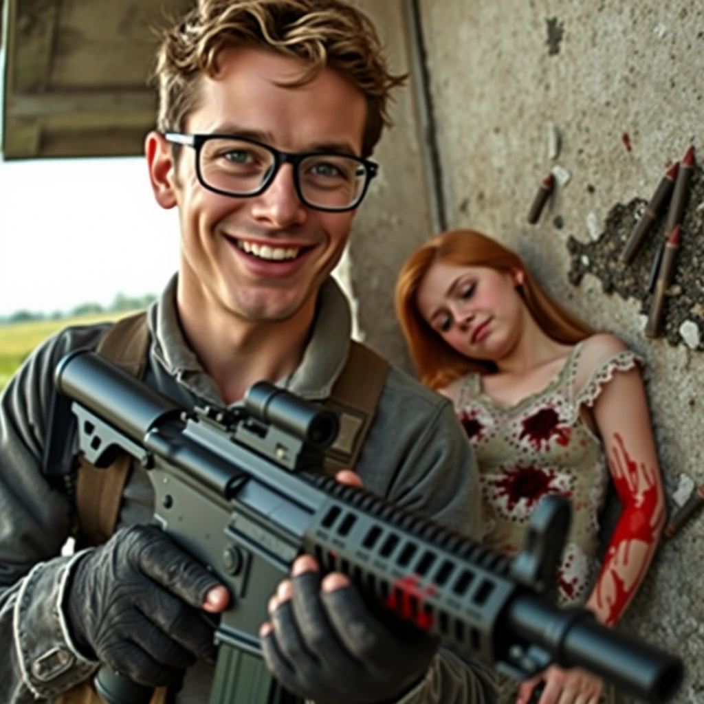 Smiling 20-year-old Italian man with glasses, reloading an assault rifle while looking at the camera; a young thin redhead girl slumped against a wall in the background, full of bullet holes and bleeding, in a rural setting. - Image