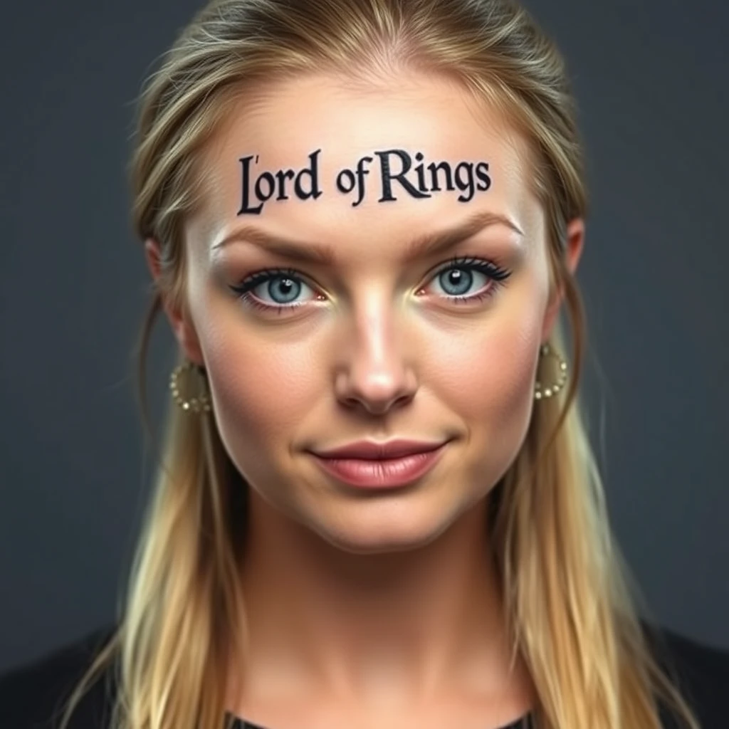 Professional headshot of a woman, the words "Lord of the Rings" tattooed on her forehead.