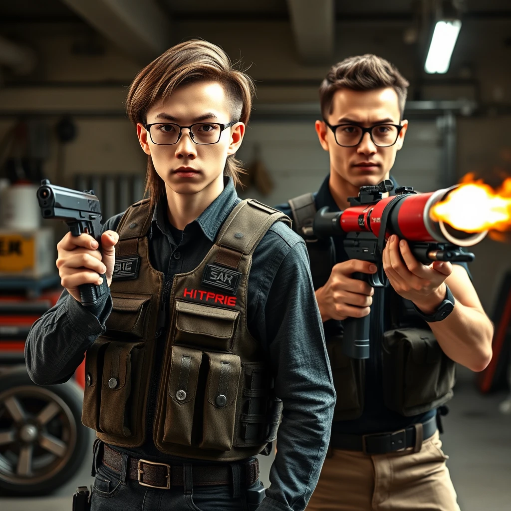 21-year-old white, thin, long-faced young adult Northern Chinese man with a square chin, wearing square glasses, holding a pistol, with medium to long-length hair; 21-year-old Caucasian Italian man wearing round glasses and short hair holding a very large fire extinguisher flamethrower; garage setting; both angry and wearing tactical vests.