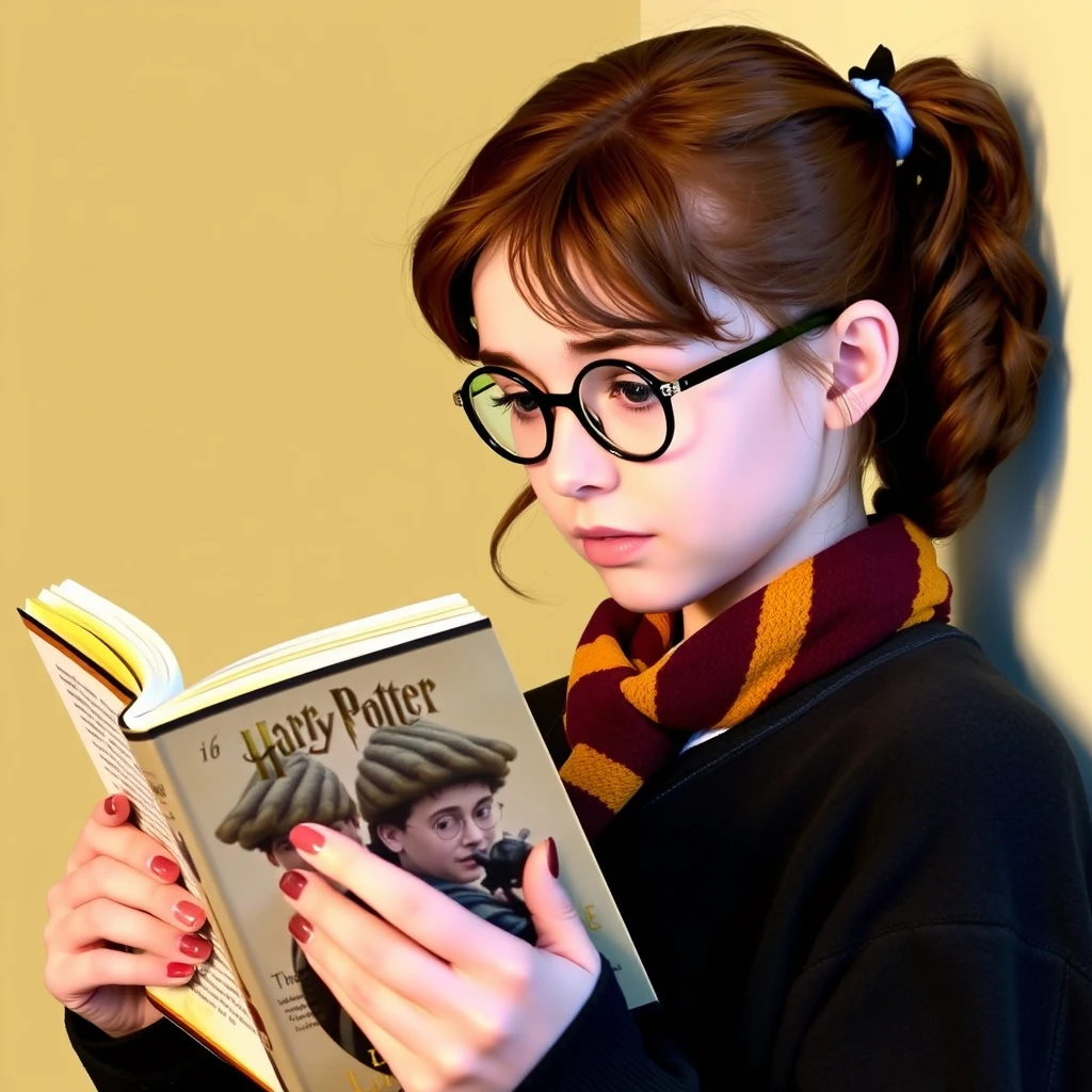 Photo: Hermione Granger is reading a Harry Potter book.