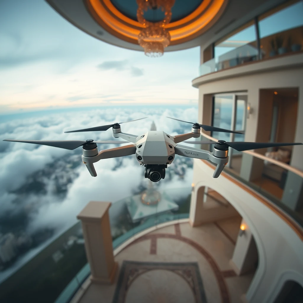 Fast FPV drone flythrough inside a luxurious mansion leading to a city in the clouds. - Image