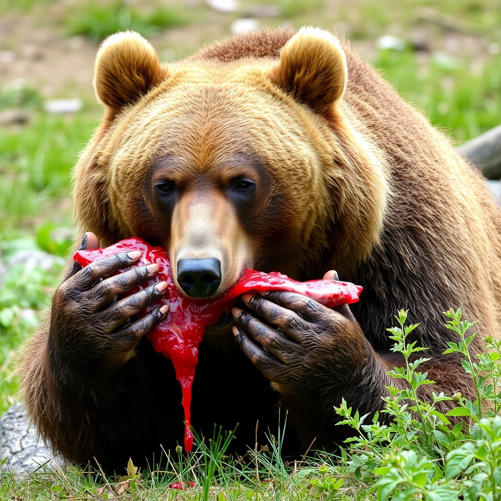 Bear eats fresh bloody meat. - Image