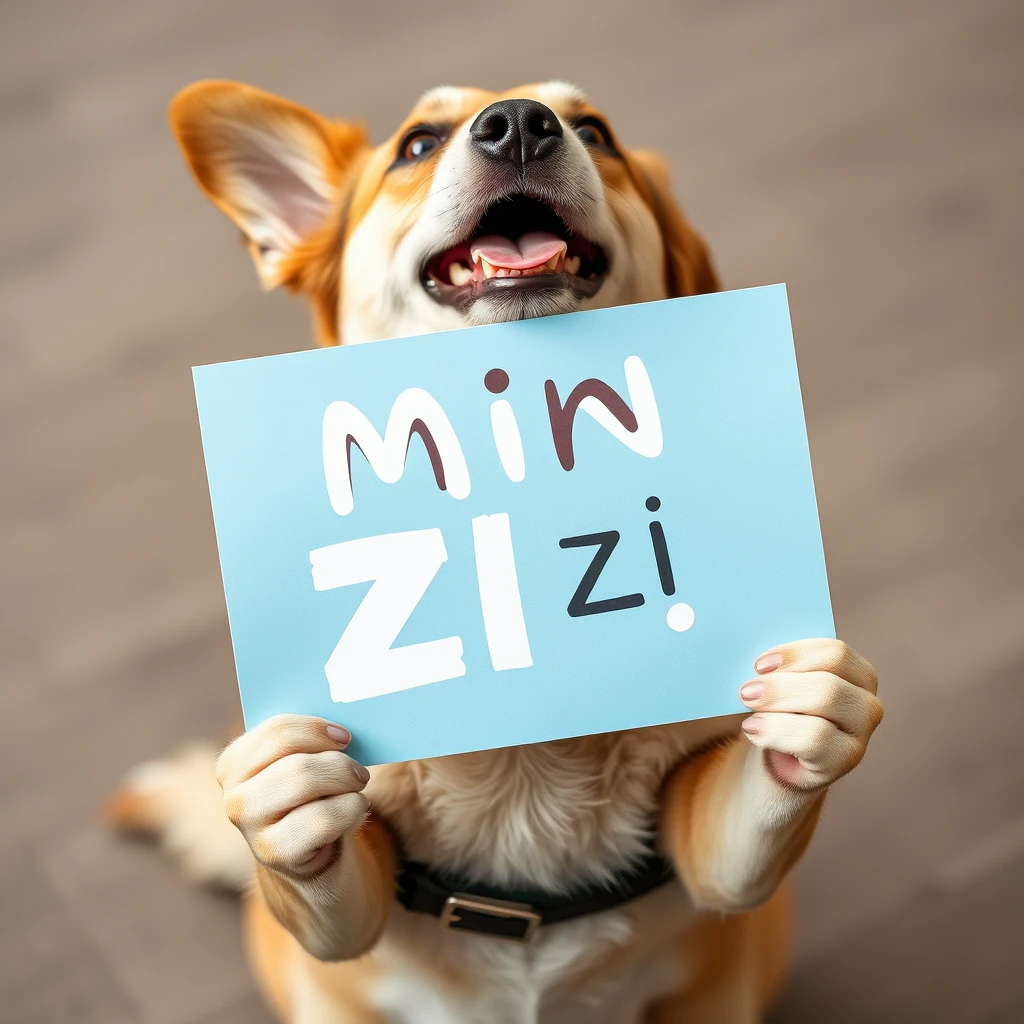 

a dog holding a sign that says min min zi - Image