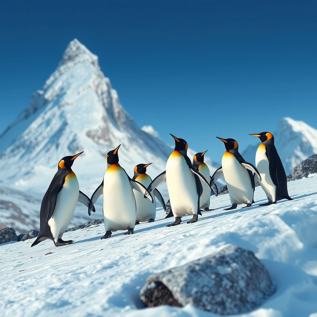 A group of penguins dance on a snowy mountain - Image