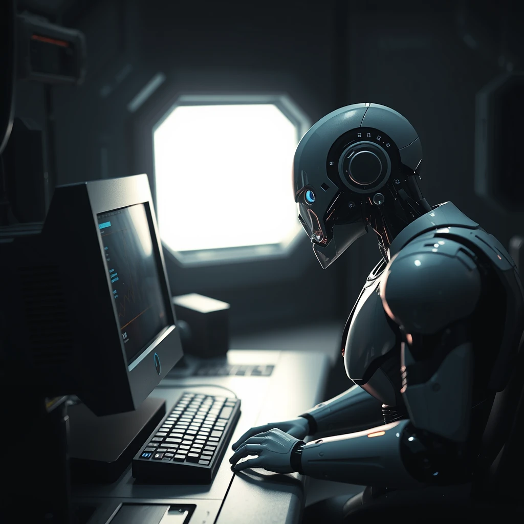 Futuristic sci-fi, a robot facing a computer, dim scene, weak light source.