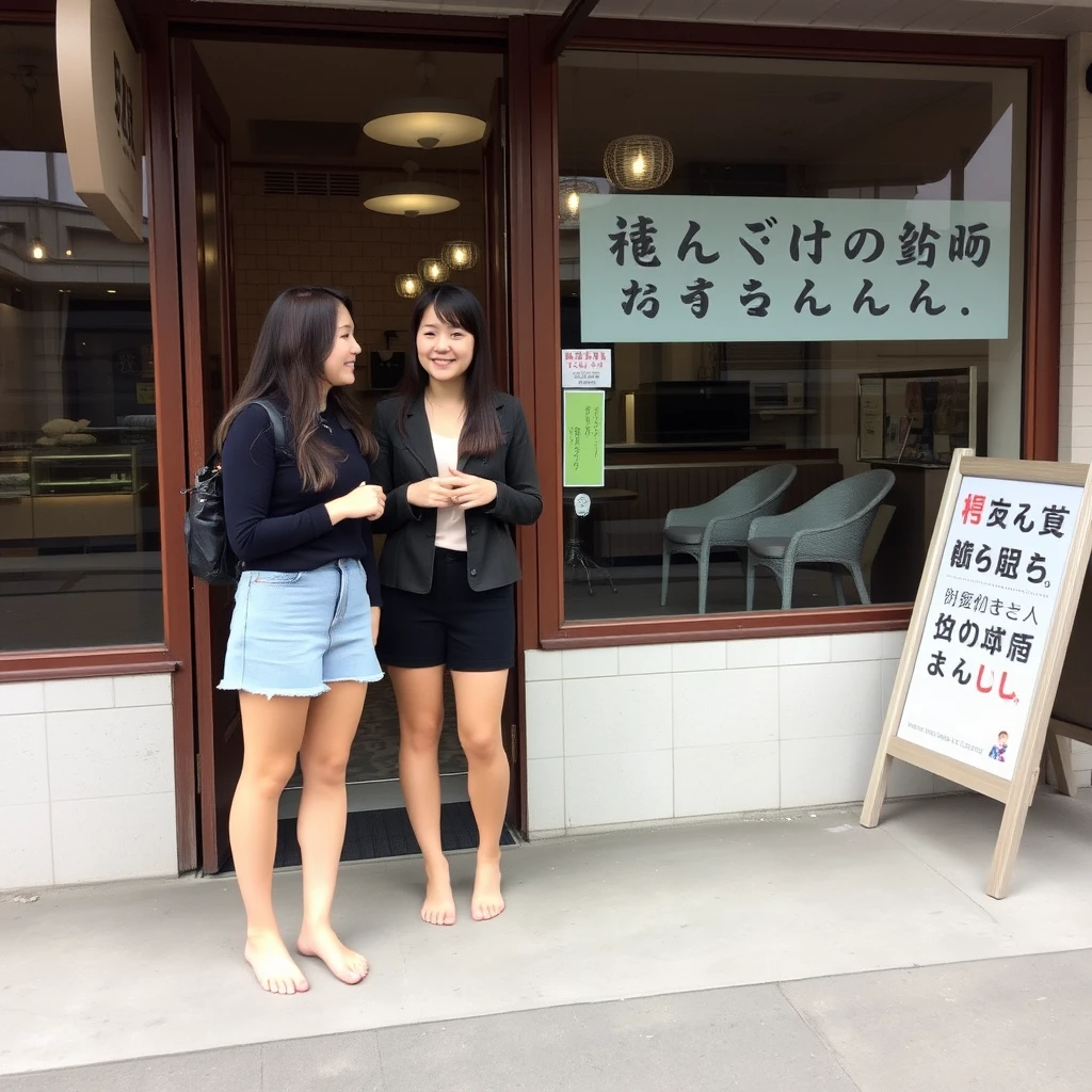 Two young women are chatting outside a restaurant; they are barefoot and not wearing shoes. There is a sign outside the restaurant, and the words on the sign can be clearly seen, including Chinese characters or Japanese.